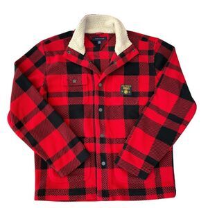 Tommy Hilfiger red/black buffalo plaid fleece shirt jacket sherpa collar size L